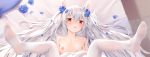  1girl animal_ears arms_at_sides azur_lane bare_shoulders bed_sheet blue_flower blush breasts bunny_ears carpet chen_bin collarbone eyebrows_visible_through_hair fake_animal_ears floor flower highres implied_sex indoors laffey_(warship_girls_r) legs_up long_hair looking_at_viewer lying nipples no_shoes on_back on_bed open_mouth pantyhose pastel_(twinbee) red_eyes silver_hair soles spread_legs twintails very_long_hair white_legwear 