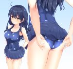  1girl adjusting_clothes adjusting_swimsuit ahoge ass black_hair blue_background blue_skirt blue_swimsuit breasts brown_eyes casual_one-piece_swimsuit collarbone eyebrows_visible_through_hair gradient gradient_background hair_between_eyes highres kantai_collection large_breasts long_hair looking_away ochikata_kage one-piece_swimsuit polka_dot polka_dot_swimsuit ribbon school_uniform serafuku skirt smile solo swimsuit ushio_(kantai_collection) white_background 