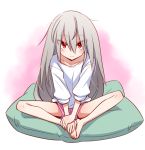  1girl barefoot elena_trafalgar feet_together hands_on_feet highres ikune_juugo indian_style long_hair looking_at_viewer original pillow red_eyes short_shorts shorts silver_hair simple_background sitting solo 