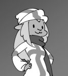  anonymous_artist anthro bovid breasts caprine clothed clothing female finnish_flag fully_clothed grey_background greyscale hair hand_on_hip headgear headwear long_hair low_res mammal monochrome scarf sheep simple_background smile solo standing 