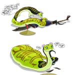  1:1 2016 abdominal_bulge avian belly big_belly bird burping clothing crane_(bird) dialogue dreamworks duo english_text femal_focus female feral green_body green_eyes grey_body gruiform hi_res kung_fu_panda male markings master_crane master_viper oral_vore reptile scalie simple_background snake speech_bubble strega text vore white_background 