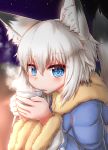 2019 ambiguous_gender animal_humanoid beverage blue_eyes blush canid canid_humanoid clothing cup cute_fangs hair hi_res holding_object horokusa0519 humanoid jacket mammal mammal_humanoid night outside solo star topwear white_hair 