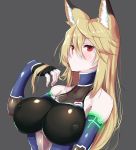  2019 animal_humanoid blonde_hair breasts canid canid_humanoid clothing female grey_background hair hi_res humanoid looking_at_viewer mammal mammal_humanoid nipple_outline red_eyes simple_background solo tight_clothing yukusasu 
