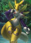  anthro armwear blue_eyes breasts claws clothing detailed_background digimon digimon_(species) digimon_adventure digimon_frontier female forest fur genitals hi_res mane momobeda nipples nude pinup pose pussy renamon sleeves solo standing thigh_gap tree water waterfall white_body white_fur yellow_body yellow_fur yin_yang 