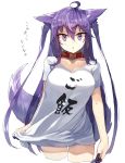  2018 animal_humanoid breasts canid canid_humanoid clothing collar dialogue female hair hi_res humanoid japanese_text kasuka_(kusuki) long_hair looking_at_viewer mammal mammal_humanoid open_mouth purple_eyes purple_hair shirt solo text topwear 