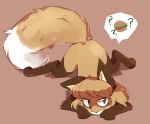  ? anthro blush brown_body brown_fur burger canid canine cute_fangs dark dipstick_tail female fiddleafox fluffy fluffy_tail food fox fur green_eyes hair kemono mammal mischievous multicolored_tail nude simple_background solo speech_bubble tan_body tan_fur 