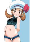  1girl blush breasts brown_eyes brown_hair cabbie_hat closed_mouth commentary hainchu hat hat_ribbon highres kotone_(pokemon) long_hair looking_at_viewer midriff navel pokemon pokemon_(game) pokemon_hgss ribbed_sweater ribbon shorts sleeveless solo sweater twintails 