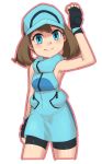  1girl ace_trainer_(pokemon) bike_shorts blue_eyes blush breasts brown_hair closed_mouth cosplay dress gloves haruka_(pokemon) hat long_hair looking_at_viewer nyonn24 pokemon pokemon_(game) pokemon_rse pokemon_sm simple_background sleeveless smile solo white_background 