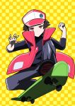  1boy absurdres baseball_cap black_footwear brown_hair checkered checkered_background closed_mouth commentary_request fujiwara_echi full_body hat highres male_focus pokemon pokemon_(game) pokemon_rgby red_(pokemon) red_eyes riding shoes skateboard spiked_hair yellow_background 