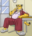  2009 anthro belly bottomwear bulge cigarette clothing felid humanoid_hands kemono male mammal oogamikennta overweight overweight_male pantherine pants shirt sitting smoke smoking solo tiger topwear 