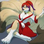 1:1 2019 anthro barefoot blue_eyes breasts canid canine female fox fur hair hi_res looking_at_viewer mammal multi_tail oter ponytail red_hair simple_background sitting smile solo tan_body tan_fur whiskers 