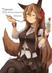  2019 animal_humanoid breasts brown_hair canid canid_humanoid cutlery dessert female food hair hi_res hitokuirou humanoid ice_cream kitchen_utensils long_hair looking_at_viewer mammal mammal_humanoid one_eye_closed simple_background smile solo spoon tools white_background 