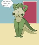  alligator alligatorid anthro big_breasts breasts crocodilian dialogue english_text female genitals hands_behind_head looking_at_viewer nipples non-mammal_breasts nude pussy reptile scalie simple_background solo standing talking_to_viewer text zagelz 