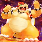  1:1 2020 angry anthro belly biped bowser detailed_background fire hi_res humanoid_hands koopa lates mario_bros nintendo outside overweight scalie solo video_games 
