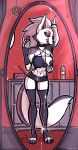  absurd_res anthro bottomwear breasts canid canine clothing female helluva_boss hi_res loona_(vivzmind) luraiokun mammal miniskirt mirror mirror_selfie nipple_piercing nipples phone piercing selfie skirt solo tongue tongue_out 