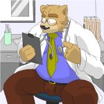  1:1 2007 anthro belly black_nose blush bottomwear brown_body brown_fur bulge canid canine canis clothing detailed_background digital_media_(artwork) doctor domestic_dog eyewear fur glasses kemono low_res male mammal medical_instrument oekaki oogamikennta overweight overweight_male pants scientific_instrument shirt sitting solo topwear 