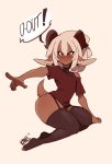  ! 1girl animal_ears ass blush dark_skin earrings english_text garter_belt goat_ears goat_girl highres horns jewelry kanel kneeling orange_eyes original overshirt pointing shirt short_hair short_sleeves solo speech_bubble tail undershirt white_hair 