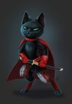  2020 black_background black_body black_fur cape cartoon_network clothing domestic_cat felid feline felis fur gloves green_sclera handwear hi_res male mammal mao_mao:_heroes_of_pure_heart melee_weapon ninora-art semi-anthro sheriff_mao_mao_mao simple_background slit_pupils smile solo sword weapon whiskers 