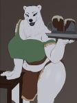  alcohol anthro apron bartender beer beverage big_breasts bistup blouse blue_eyes breasts brown_background bulge cleavage clothed clothing gynomorph hi_res intersex looking_at_viewer mammal navel polar_bear simple_background slightly_chubby solo stein thick_thighs ursid ursine 