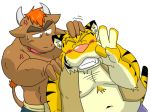 2009 angry anthro belly blush bovid bovine cattle duo felid humanoid_hands kemono male mammal moobs navel nipples oogamikennta pantherine pink_nose simple_background slightly_chubby tiger white_background 