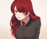  1girl bangs breasts closed_mouth green_eyes gryffindor harry_potter kurosujuu leaning_forward lily_evans long_hair long_sleeves looking_at_viewer necktie red_hair red_neckwear school_uniform smile solo sweater upper_body 