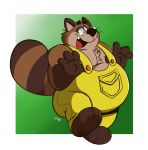  2020 absurd_res anthro belly black_nose brown_body brown_fur canid canine clothing cute_fangs fur gregthegoat hi_res humanoid_hands lazygoatboi male mammal overalls overweight overweight_male raccoon_dog simple_background solo tanuki 