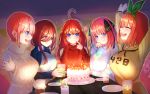  5girls :d \o/ ^_^ absurdres ahoge arms_up bangs beige_sweater birthday birthday_cake birthday_party black_ribbon blue_cardigan blue_eyes blue_sweater blunt_bangs blurry blurry_background blush breast_rest breasts brown_hair brown_hoodie butterfly_hair_ornament cake candle candlelight cardigan closed_eyes closed_mouth clothes_writing commentary_request cup drawstring drinking_glass drooling earrings eyebrows_behind_hair finger_to_mouth food fork go-toubun_no_hanayome green_hairband hair_between_eyes hair_ornament hair_ribbon hairband hand_on_own_cheek happy_birthday headphones headphones_around_neck highres holding holding_cup hood hood_down jewelry kurosaki_coco large_breasts lavender_hair long_hair long_sleeves looking_at_another looking_at_object multiple_girls nakano_ichika nakano_itsuki nakano_miku nakano_nino nakano_yotsuba open_cardigan open_clothes open_mouth orange_hair outstretched_arm outstretched_arms pink_hair plate quintuplets red_hair red_sweater ribbon shirt short_hair shoulder_cutout sidelocks smile smirk star star_hair_ornament stud_earrings sweater turtleneck turtleneck_sweater two_side_up upper_body upper_teeth white_shirt 
