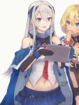  2girls absurdres azur_lane blonde_hair blue_eyes breasts casablanca_(azur_lane) cleavage clipboard eicam highres large_breasts long_hair long_sleeves marblehead_(azur_lane) multicolored_hair multiple_girls pleated_skirt purple_eyes short_hair_with_long_locks silver_hair skirt two-tone_hair 