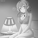  1girl bottomless bra breasts collarbone come_hither cypress gotland_(kantai_collection) greyscale hair_between_eyes hair_bun heart kantai_collection lamp large_breasts long_hair mole mole_under_eye monochrome navel on_bed sitting sitting_on_bed smile solo speech_bubble spoken_heart underwear 