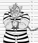  2009 angry anthro belly bottomwear chained clothing kemono male mammal monochrome oogamikennta pants shirt slightly_chubby solo suid suina sus_(pig) topwear wild_boar 