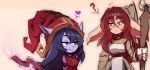  2girls ? blue_hair blue_skin confused estelle_(kanel) green_hair hat heart highres kanel league_of_legends long_hair looking_at_another lulu_(league_of_legends) multiple_girls original red_hair smile staff sweat sweatdrop tagme 