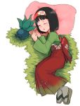  1girl black_hair erika_(pokemon) gen_1_pokemon grass gym_leader hairband japanese_clothes kimono nyonn24 oddish open_mouth pokemon pokemon_(creature) pokemon_(game) pokemon_frlg short_hair sleeping 