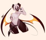  1girl between_legs black_sclera black_skin breasts cino_(kanel) demon_girl demon_tail earrings grey_skin highres horns jewelry kanel masturbation navel nipples nude orange_eyes original pointy_ears pussy pussy_juice short_hair solo succubus tagme tail tail_between_legs tail_masturbation white_background white_hair white_skin wings 