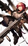  1girl 360_(pixiv47196062) arknights assault_rifle bangs black_gloves black_legwear blush commentary_request dual_wielding exusiai_(arknights) fangs fangs_out fingerless_gloves gloves gun h&amp;k_hk416 hair_between_eyes halo highres holding holding_gun holding_weapon jacket looking_at_viewer open_mouth orange_eyes pantyhose red_hair rifle short_hair skirt smile solo weapon white_jacket 