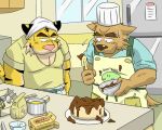  2009 anthro apron belly bodily_fluids bottomwear brown_body brown_fur canid canine canis chef_hat clothing cooking domestic_dog duo felid fur hat headgear headwear kemono male mammal oogamikennta pantherine pants pink_nose shirt slightly_chubby sweat tiger topwear 