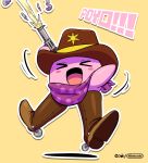  ambiguous_gender bandanna blush boots clothed clothing cowboy cowboy_boots cowboy_hat eyes_closed footwear gun hat headgear headwear hi_res joaoppereiraus kirby kirby_(series) nintendo not_furry open_mouth ranged_weapon smile solo text video_games waddling_head weapon 