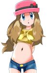  1girl blue_eyes breasts brown_hair camisole commentary denim denim_shorts hainchu hat highres long_hair looking_at_viewer midriff navel open_mouth pokemon pokemon_(anime) pokemon_xy_(anime) serena_(pokemon) short_shorts shorts simple_background sleeveless solo strapless white_background 