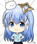  &gt;:) 1girl amane_kanata amane_kanata_(cosplay) angora_rabbit animal bangs big_head black_skirt blue_eyes blue_hair blue_shirt blush bunny chibi closed_mouth clothes_writing commentary_request cosplay emphasis_lines eyebrows_visible_through_hair gochuumon_wa_usagi_desu_ka? hair_between_eyes hair_ornament hands_on_hips hololive kafuu_chino long_hair miicha shirt simple_background skirt smile sparkle tippy_(gochiusa) translation_request twitter_username v-shaped_eyebrows very_long_hair virtual_youtuber white_background x_hair_ornament 