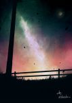  alu.m_(alpcmas) dark fence from_below galaxy highres leaf moon night night_sky no_humans original outdoors power_lines scenery sign signature sky star_(sky) starry_sky telephone_pole 