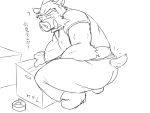  2011 4:3 ? anthro bottomwear butt clothing humanoid_hands japanese_text kemono male mammal monochrome oogamikennta pants shirt simple_background slightly_chubby solo suid suina sus_(pig) text topwear white_background wild_boar 