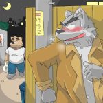 1:1 2006 anthro belly black_nose blush bottomwear canid canine canis city clothing digital_media_(artwork) domestic_dog duo fur grey_body grey_fur humanoid_hands kemono low_res male mammal night oekaki oogamikennta outside overweight overweight_male pants shirt topwear 