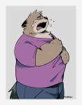  2020 anthro belly bodily_fluids border bottomwear canid canine clothing crying cute_fangs eyes_closed hi_res kemono male mammal overweight overweight_male pants shirt simple_background solo tears topwear uokkom white_border 