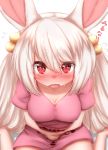  2020 animal_humanoid blush bodily_fluids breasts female hair hi_res high-angle_view horokusa0519 humanoid lagomorph lagomorph_humanoid leporid_humanoid long_hair looking_at_viewer mammal mammal_humanoid nipple_outline rabbit_humanoid red_eyes simple_background solo tears white_background white_hair 