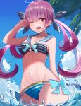  1girl ;d arm_up aroa_(aroamoyasi) bikini blue_bow blue_sky blush bow bow_bra bra braid breasts cleavage cloud collarbone eyebrows_visible_through_hair hair_bow hololive looking_at_viewer minato_aqua navel one_eye_closed open_mouth outdoors palm_tree purple_eyes sailor_bikini sailor_collar sky sleeveless small_breasts smile solo striped striped_bikini summer swimsuit tree twintails underwear upper_teeth water 