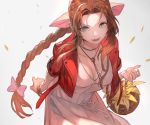  aerith_gainsborough bow braids breasts brown_hair cleavage cropped dress final_fantasy final_fantasy_vii flowers gradient green_eyes lack long_hair necklace petals ponytail summer_dress wristwear 