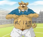  2006 anthro belly blush brown_body brown_fur canid canine canis clothed clothing domestic_dog fur humanoid_hands kemono male mammal oogamikennta open_shirt outside overweight overweight_male pubes shirt shorst solo text topwear 