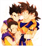  1girl 3boys :d ;d ^_^ bangs black_hair bracelet brothers carrying cheek-to-cheek chi-chi_(dragon_ball) china_dress chinese_clothes closed_eyes closed_mouth commentary_request couple d89im dougi dragon_ball dragon_ball_z dress eyelashes family father_and_son fingernails group_hug hair_bun hand_on_another&#039;s_hand hand_on_another&#039;s_shoulder hetero highres hug husband_and_wife jewelry light_particles looking_at_another messy_hair mother_and_son multiple_boys neckerchief number one_eye_closed open_mouth pectorals purple_neckwear siblings simple_background sleeveless sleeveless_dress smile son_gohan son_gokuu son_goten spiked_hair teeth upper_body upper_teeth white_background wristband 