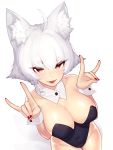  1girl ahoge animal_ear_fluff animal_ears bangs bare_shoulders blue_leotard blush braid breasts brown_eyes cleavage covered_navel detached_collar dev double_fox_shadow_puppet eyebrows_visible_through_hair fox_ears fox_shadow_puppet fox_tail highres large_breasts leotard looking_at_viewer multiple_tails open_mouth original red_nails tail thick_eyebrows transparent_background white_hair wrist_cuffs 
