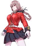  1girl 774_(nanashi) belt between_breasts braid breasts coat cowboy_shot fate/grand_order fate_(series) florence_nightingale_(fate/grand_order) gloves highres pink_hair pleated_skirt red_coat red_eyes skirt strap_between_breasts white_background white_gloves 