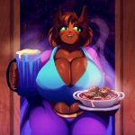  1:1 alcohol anthro beer beer_mug beverage big_breasts blush bowl breasts brown_body brown_fur cleavage clothed clothing curvy_figure felid feline female food fur hi_res huge_breasts katta mammal plate riendonut shema smile solo thick_thighs 